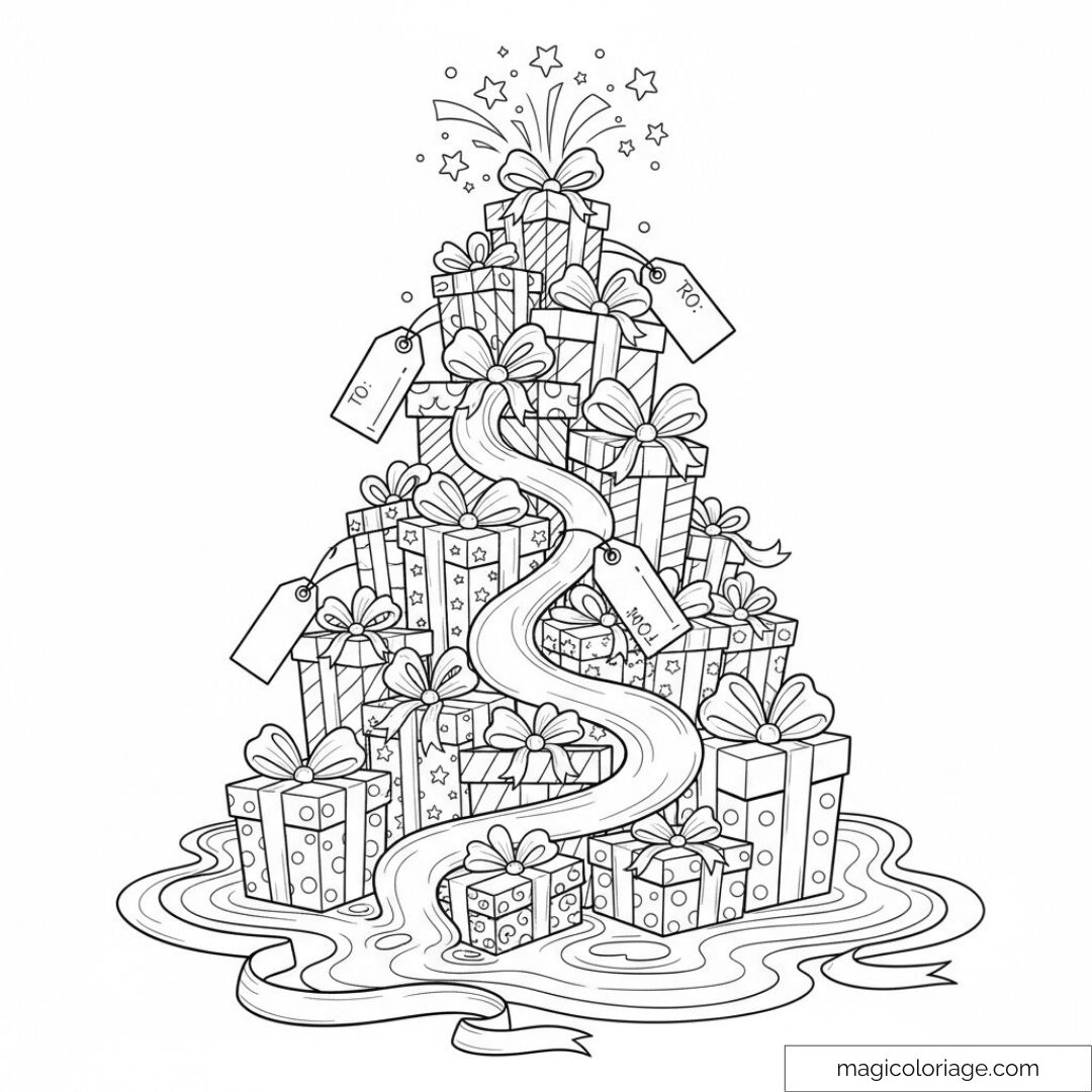 Coloriage de nombreux cadeaux empilés