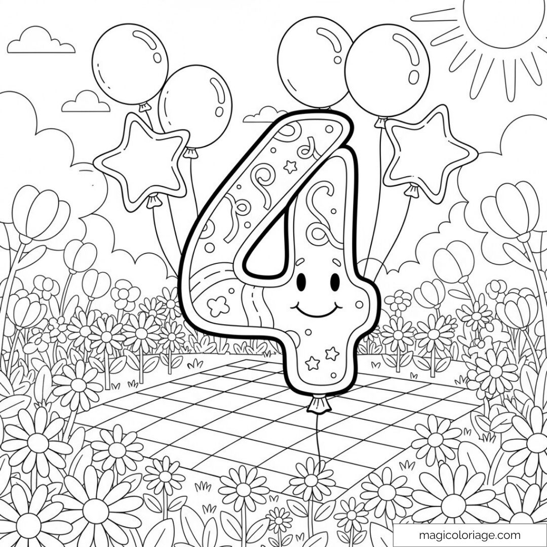 Dessin de chiffre 4 mignon avec ballons et fleurs à colorier.