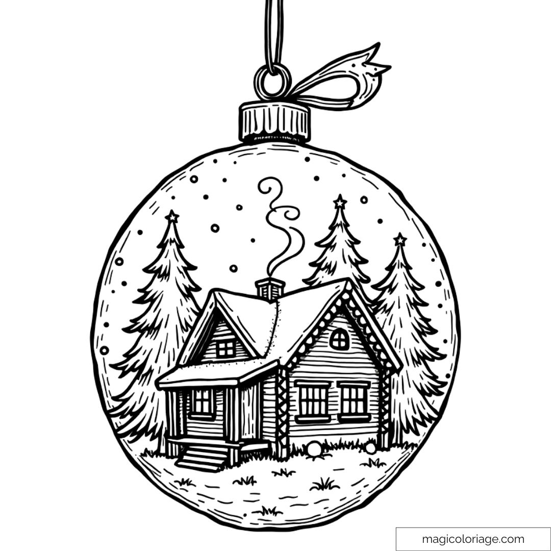 Dessin à colorier d'une boule de Noël avec une cabane en bois entourée d'arbres enneigés.
