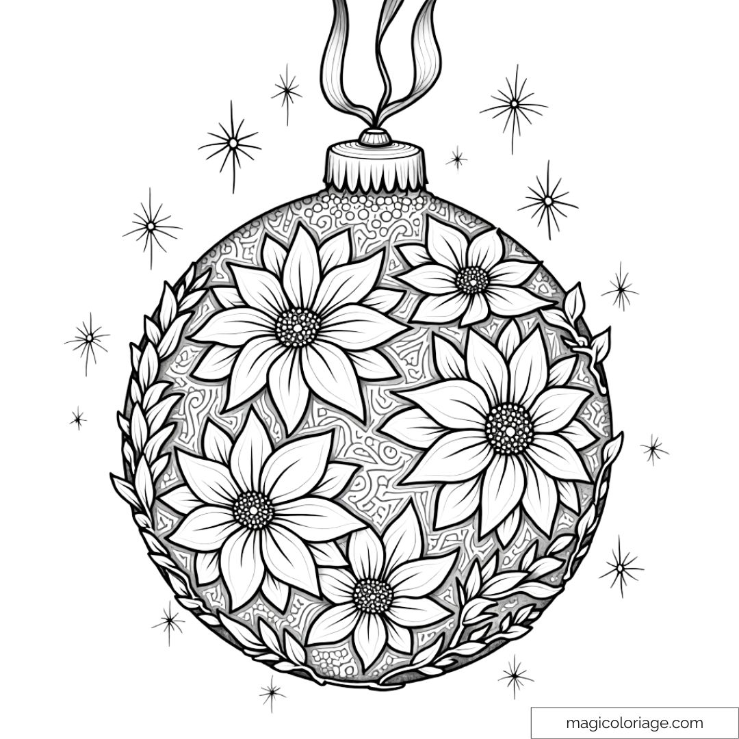 Dessin de boule de Noël décorée de fleurs détaillées, parfait pour le coloriage adulte.