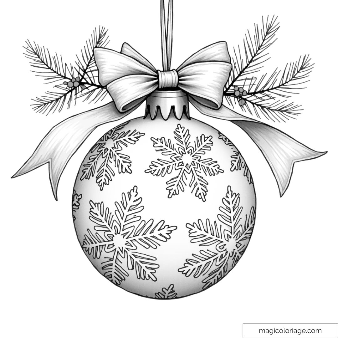 Dessin de boule de Noël ornée de flocons de neige et d’un ruban élégant, parfaite pour un coloriage relaxant.