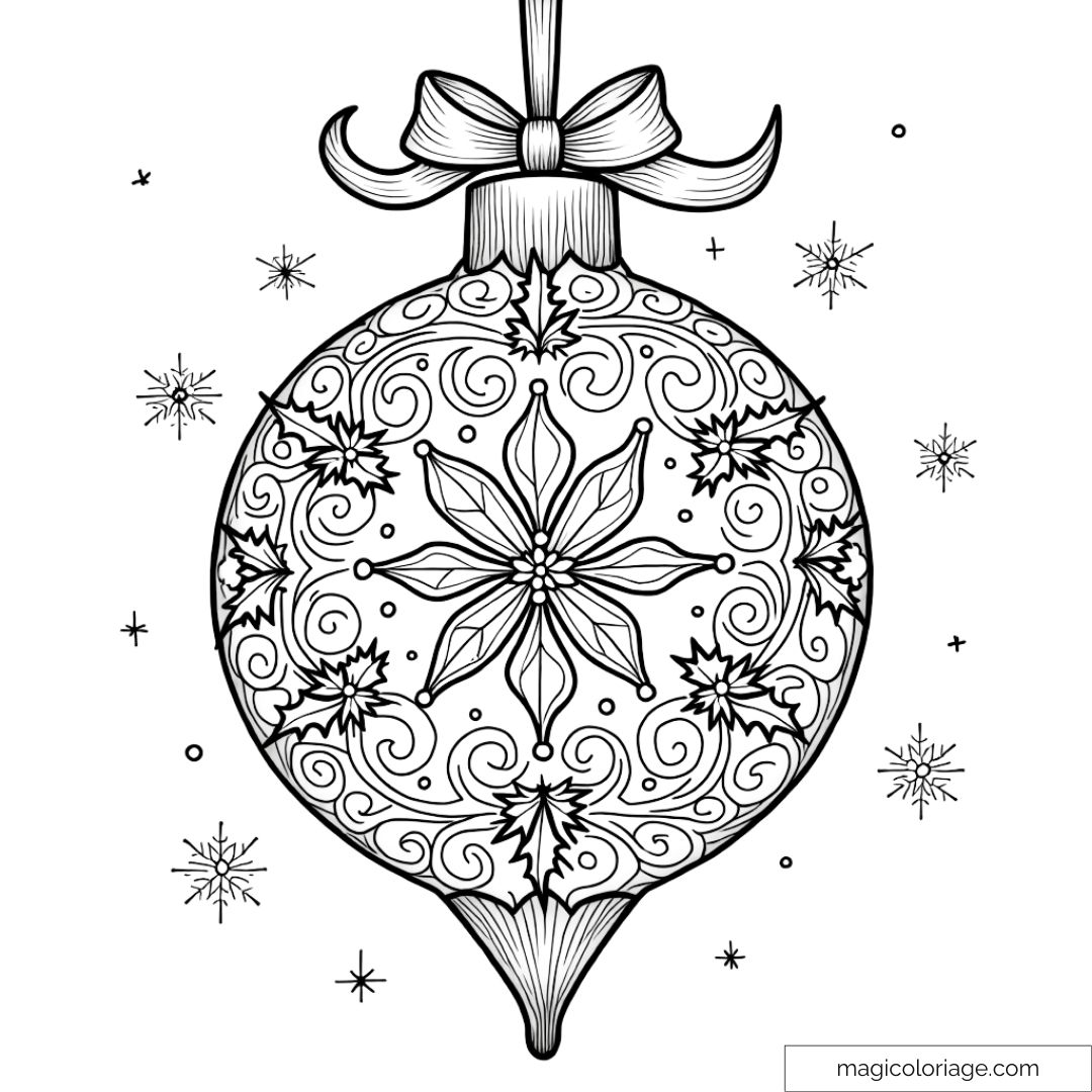 Dessin de boule de Noël avec un poinsettia et des motifs festifs de feuilles et volutes, parfait pour un coloriage adulte.