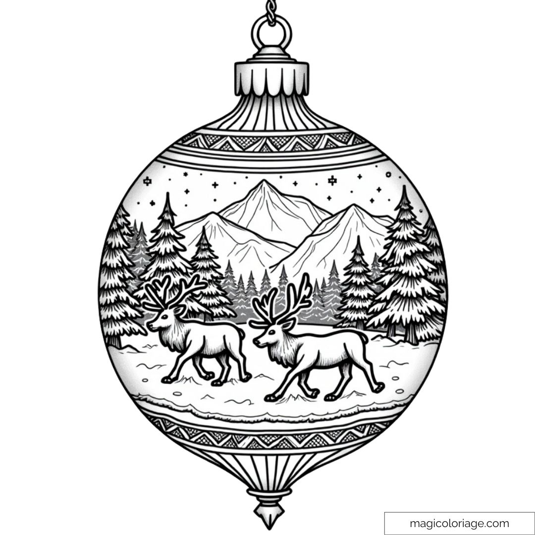 Dessin de boule de Noël à colorier avec des rennes marchant dans une forêt enneigée, montagnes en arrière-plan.