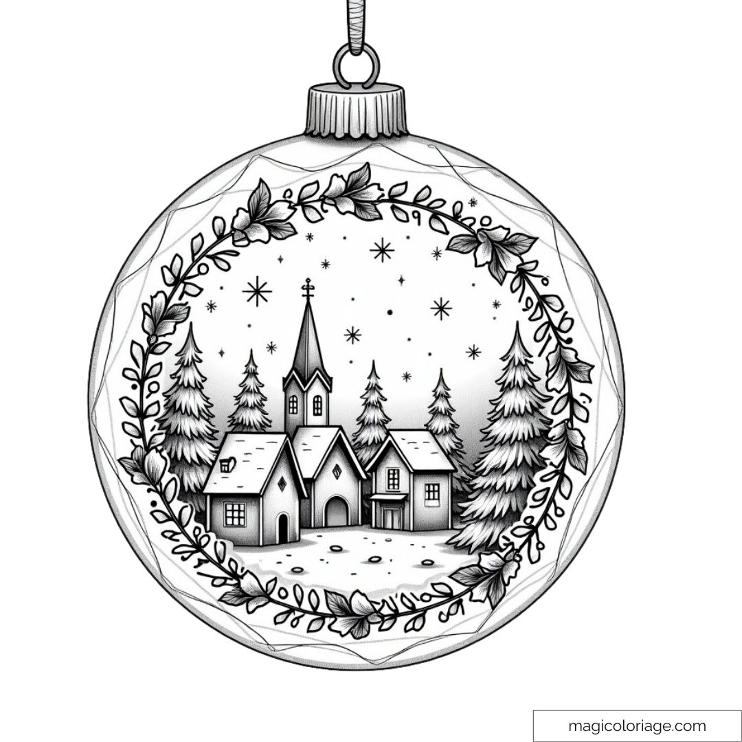 Dessin de boule de Noël représentant un village enneigé avec sapins, parfait pour un coloriage détaillé.
