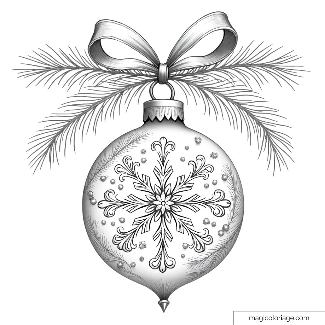 Dessin d’une boule de Noël décorée d’un flocon de neige et d’un ruban, idéal pour un coloriage adulte relaxant.