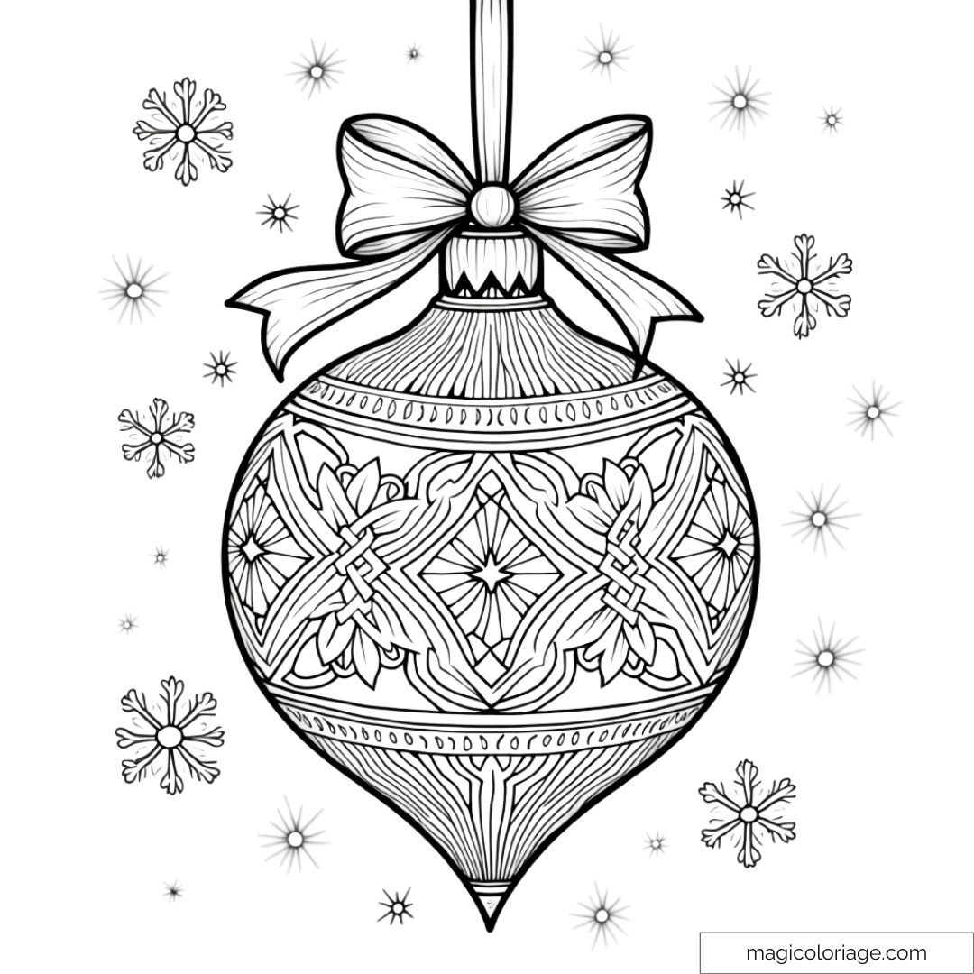 Dessin à colorier d'une boule de Noël avec des motifs complexes et un ruban, entourée de flocons de neige.