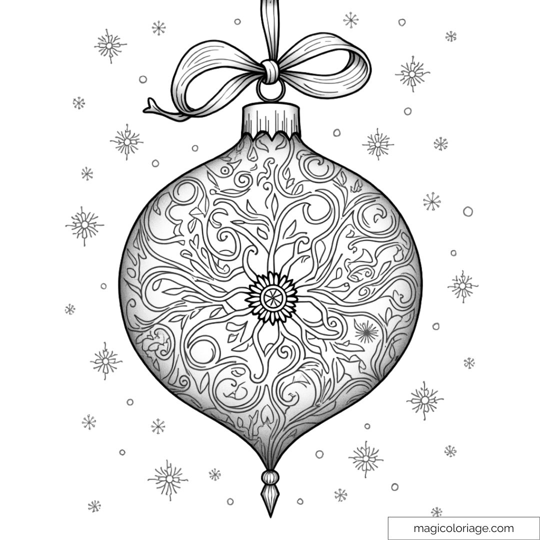 Dessin d’une boule de Noël avec des motifs floraux complexes, idéale pour un coloriage relaxant pour adultes.
