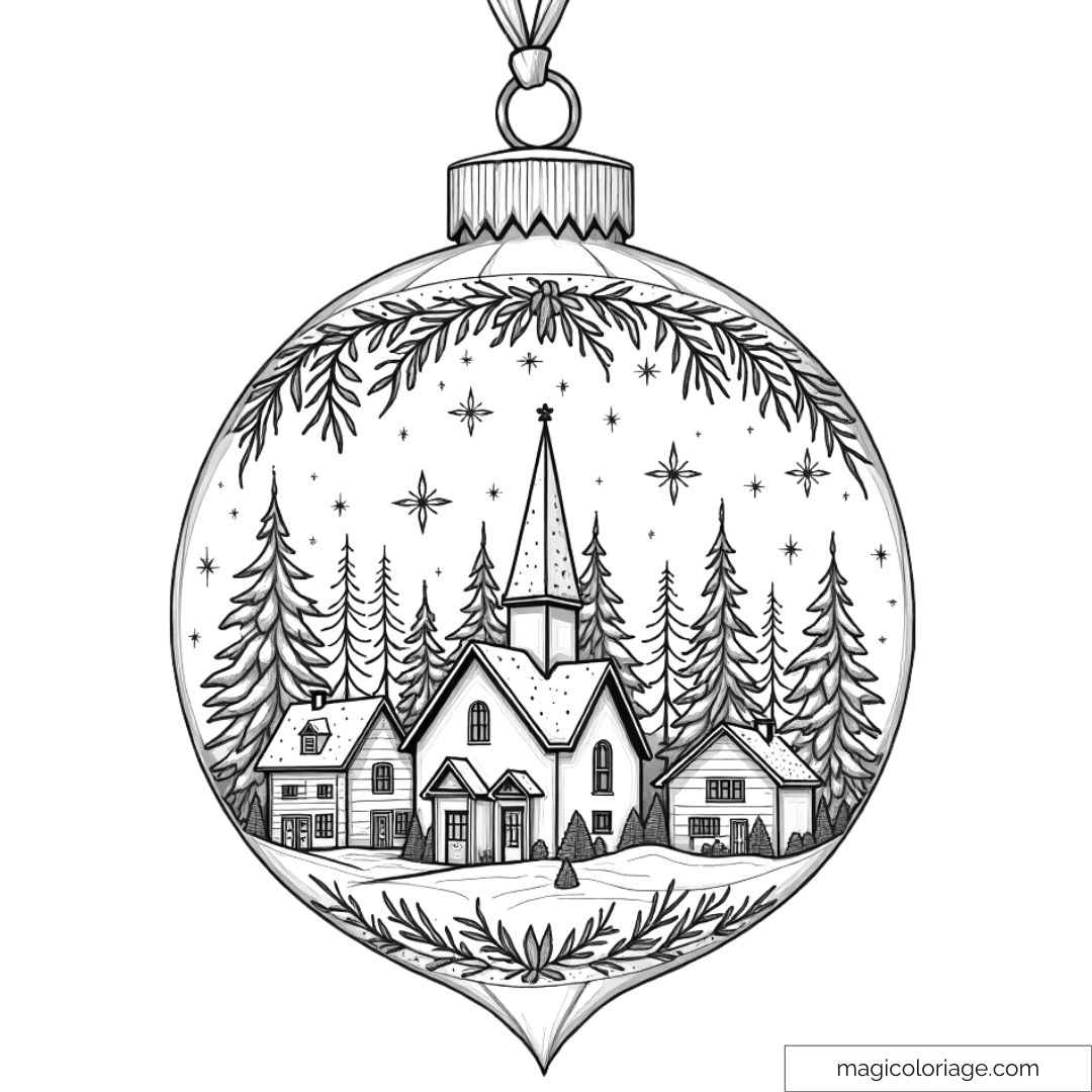 Dessin d’une boule de Noël représentant un village enneigé avec une église et des sapins, idéal pour adultes.