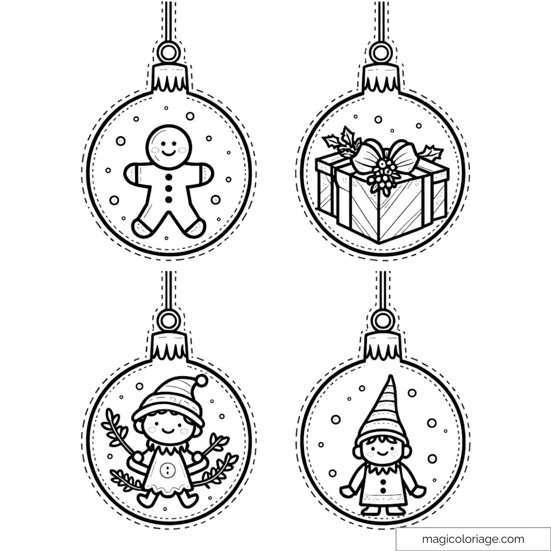 Dessin de quatre boules de Noël avec un bonhomme en pain d'épice, un cadeau, un lutin, et un elfe à colorier.