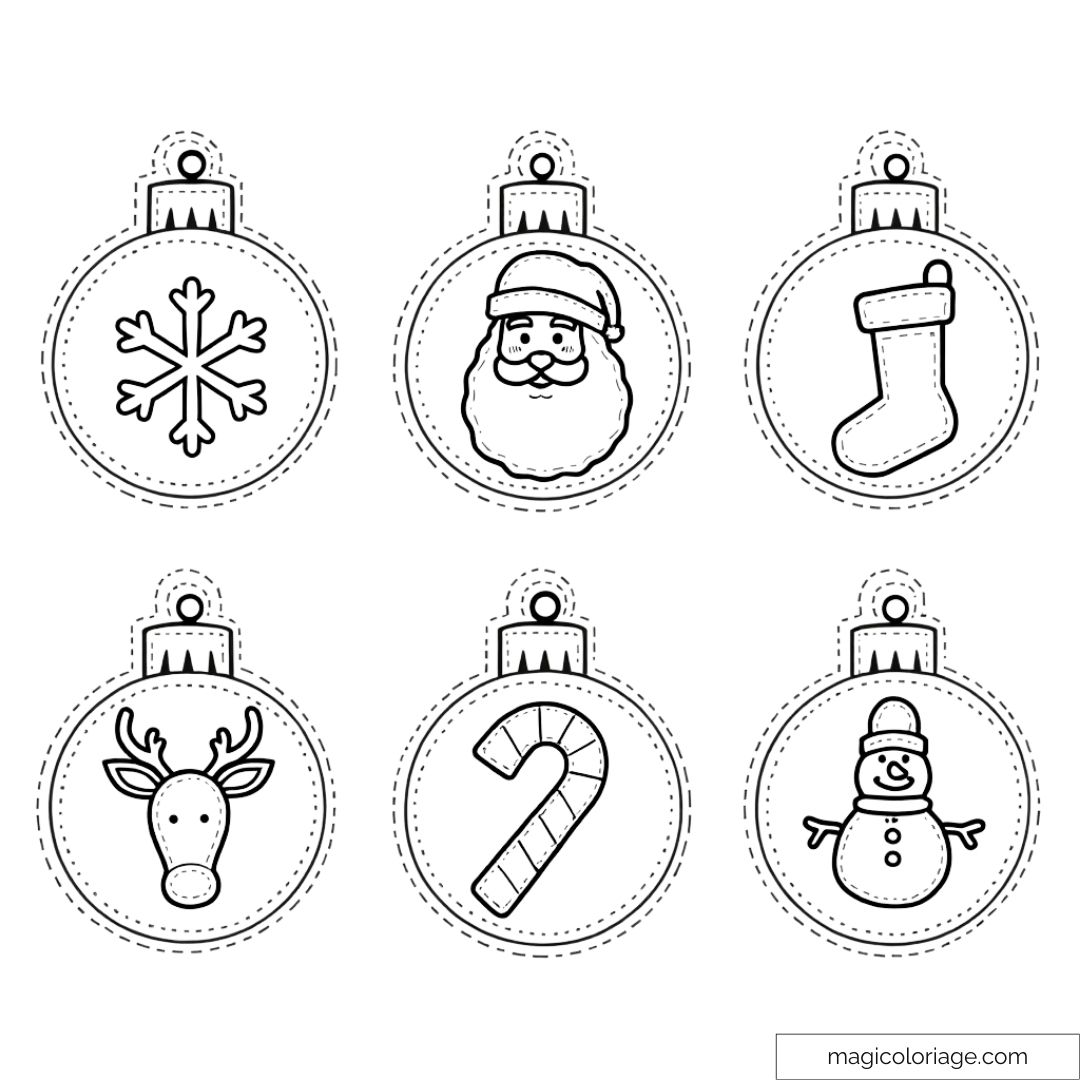 Dessin de boules de Noël à colorier avec un flocon, le Père Noël, un renne, une canne en sucre, une chaussette et un bonhomme de neige.