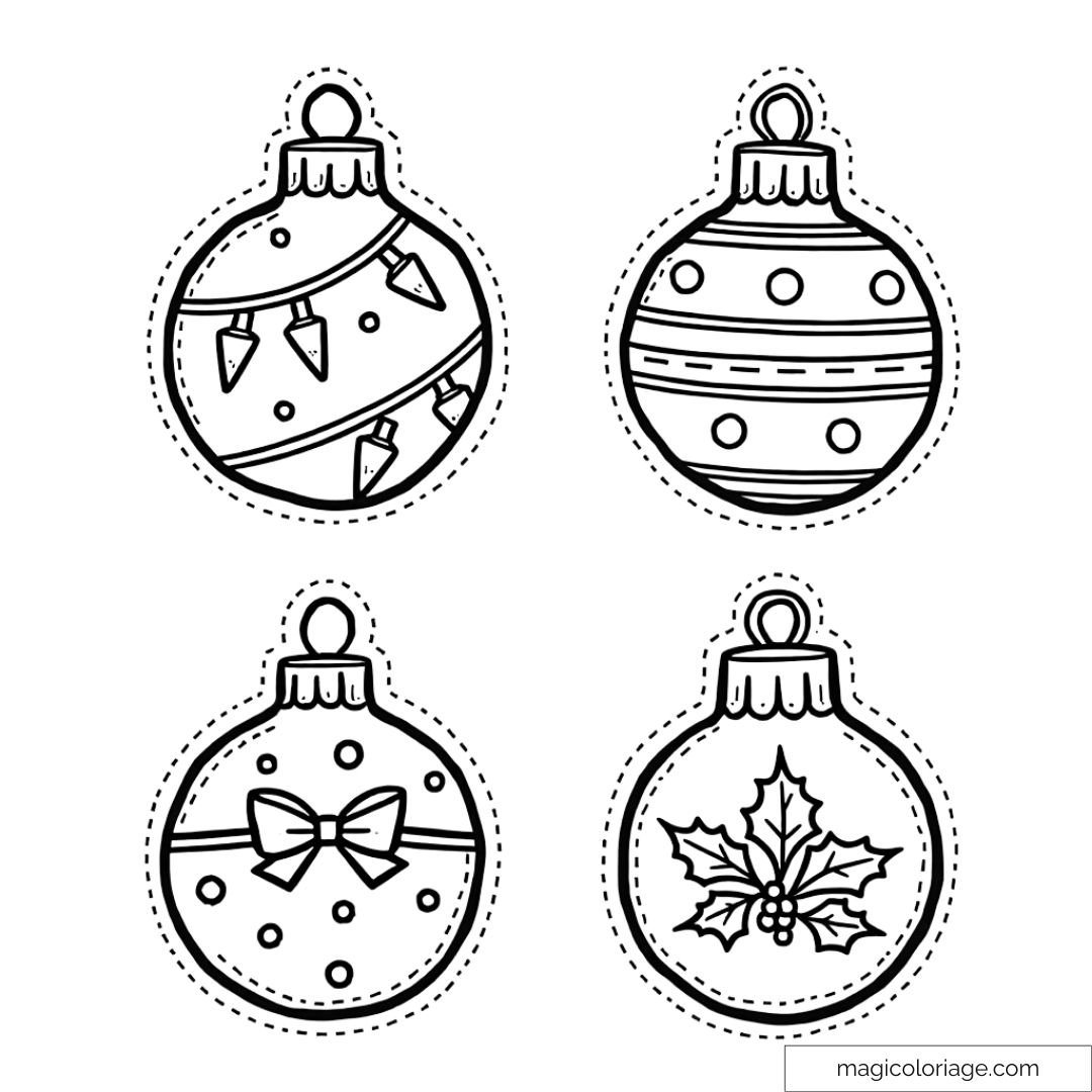 Dessin de quatre boules de Noël à colorier avec guirlandes, nœud, motifs à pois et feuilles de houx.