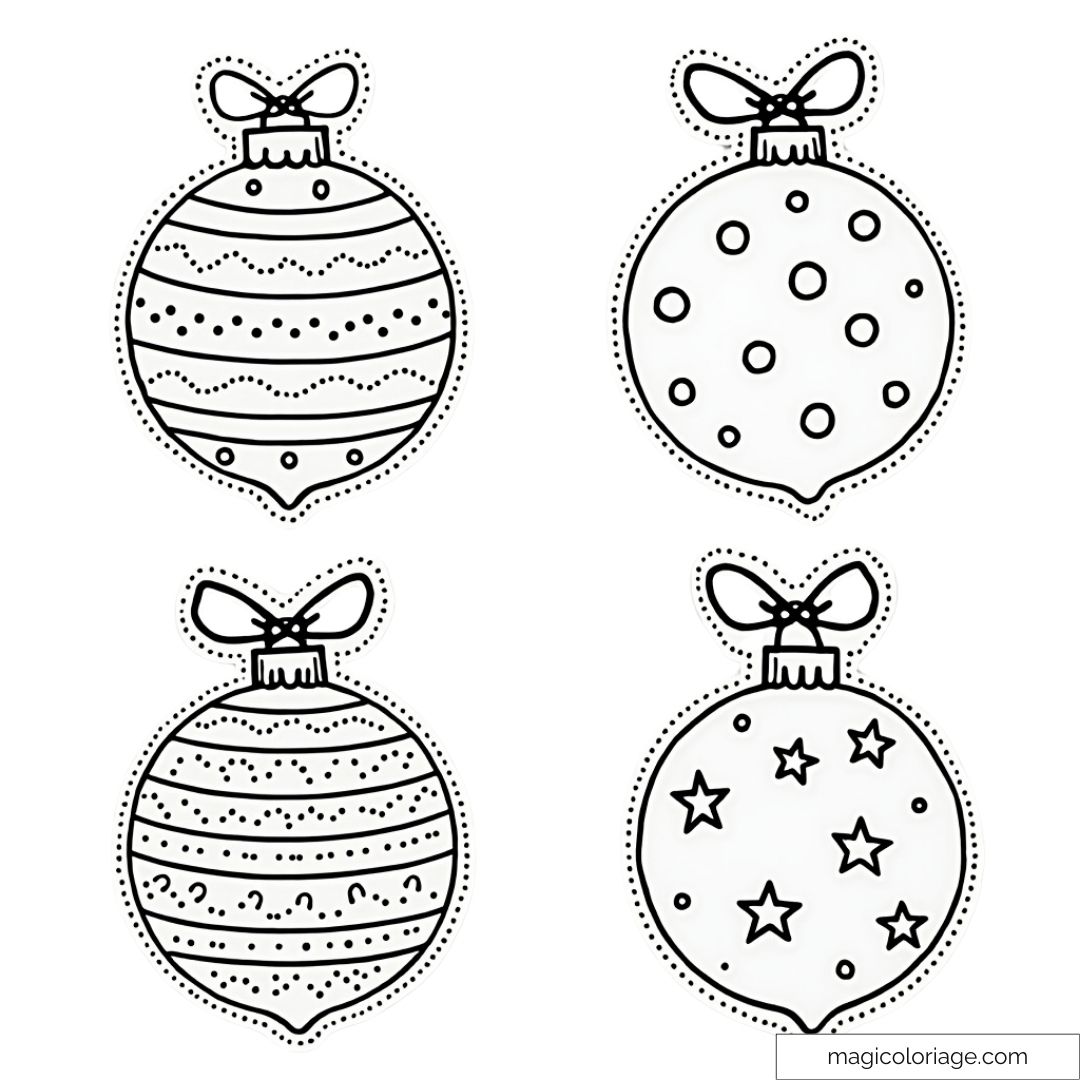 Dessin de quatre boules de Noël avec des motifs de lignes, points et étoiles, facile à colorier pour les enfants.