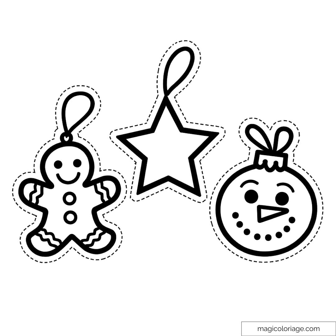 Dessin de décorations de Noël à colorier, comprenant un bonhomme pain d'épices, une étoile et une boule de neige souriante.