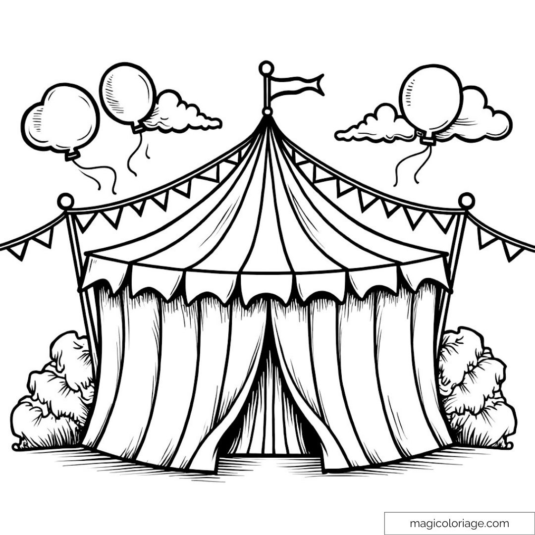 Image en noir et blanc d'un chapiteau de cirque avec ballons