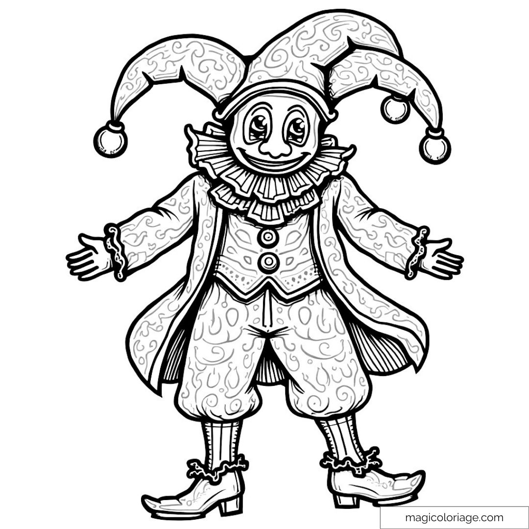 Image d'un clown en habit traditionnel avec des détails complexes pour coloriage.