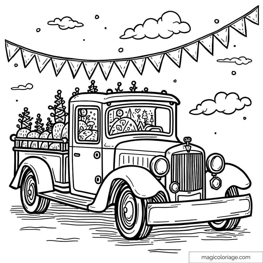 Dessin détaillé d’un camion vintage et ses décorations estivales.
