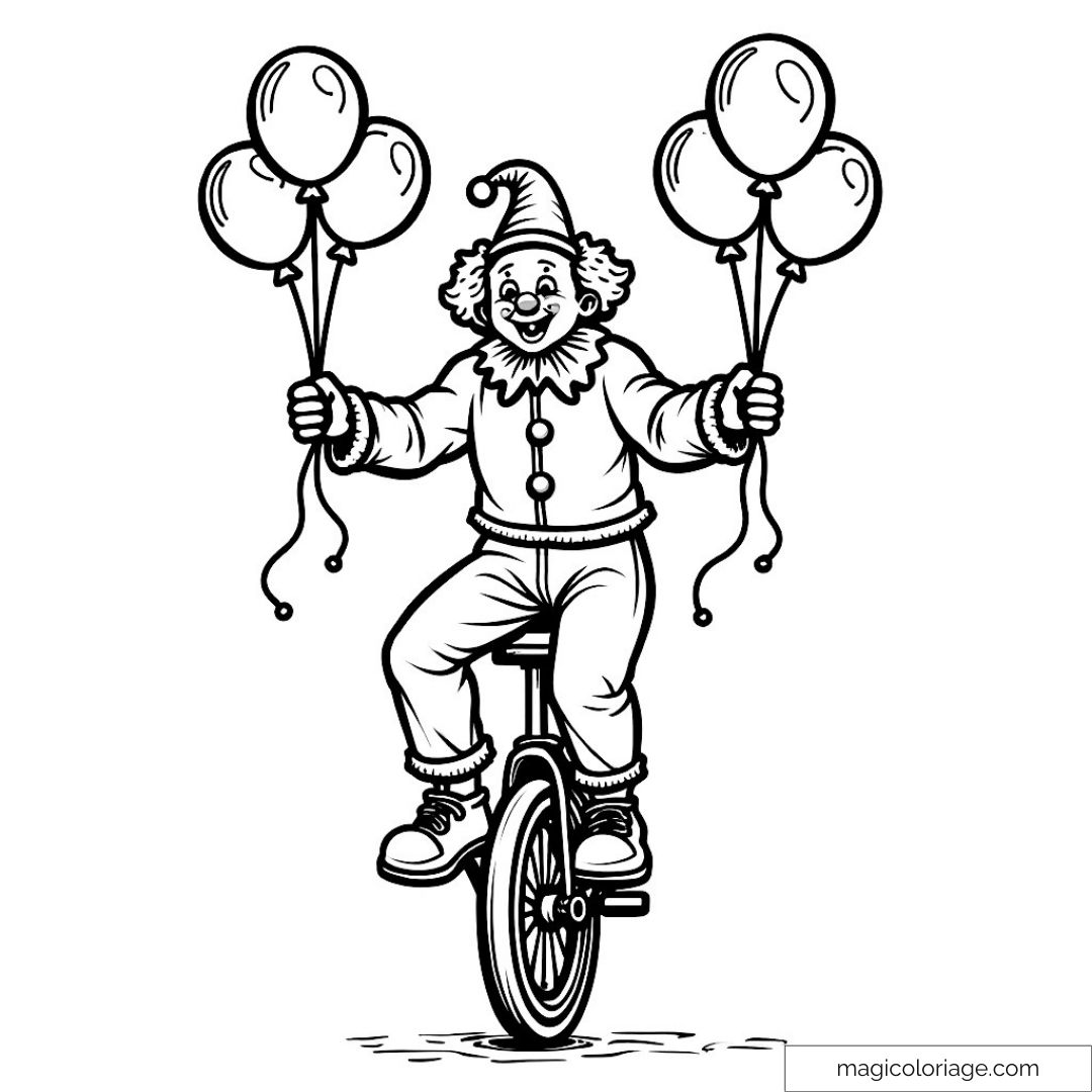 Clown rigolo sur monocycle avec ballons à colorier