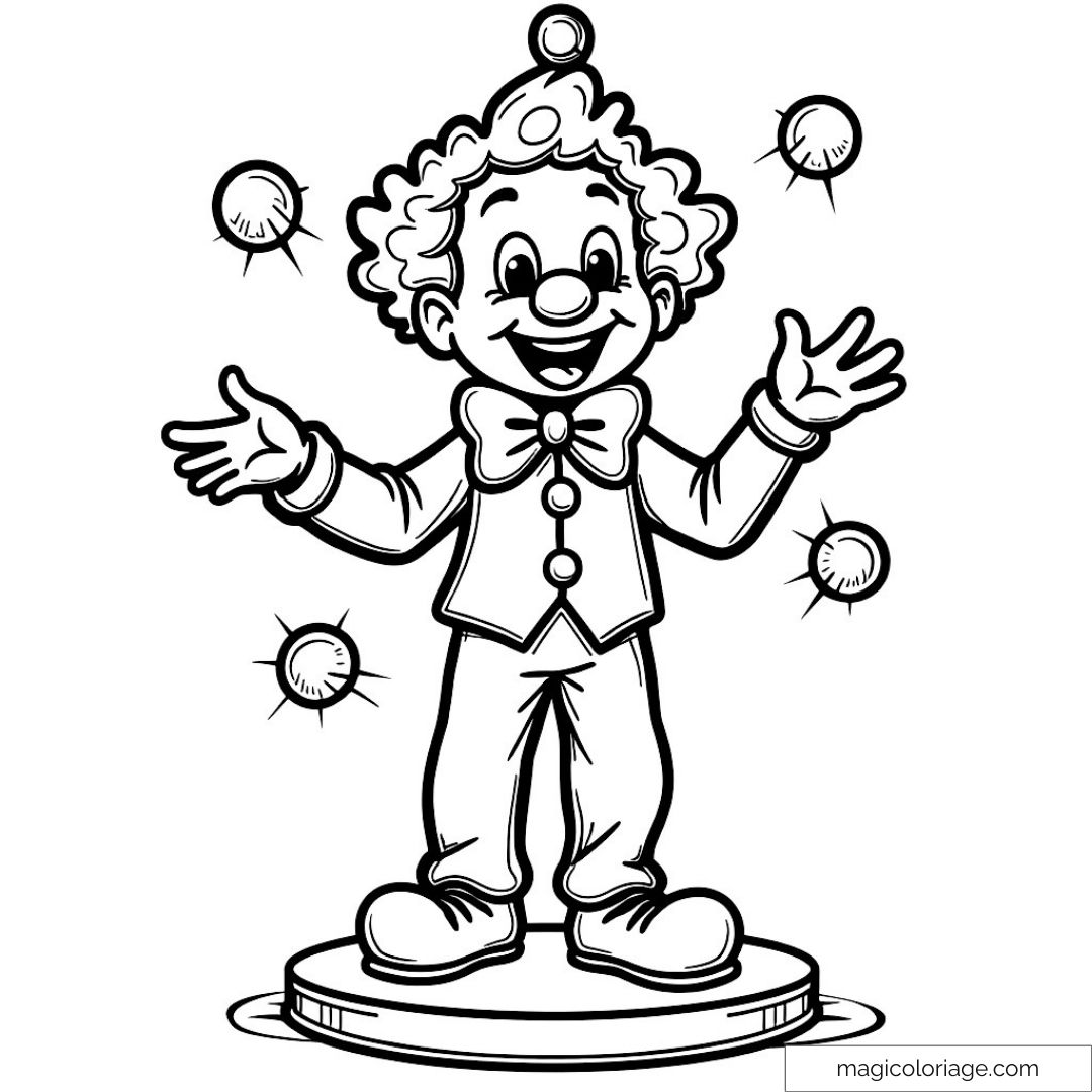 Clown jongleur souriant sur un podium avec des balles