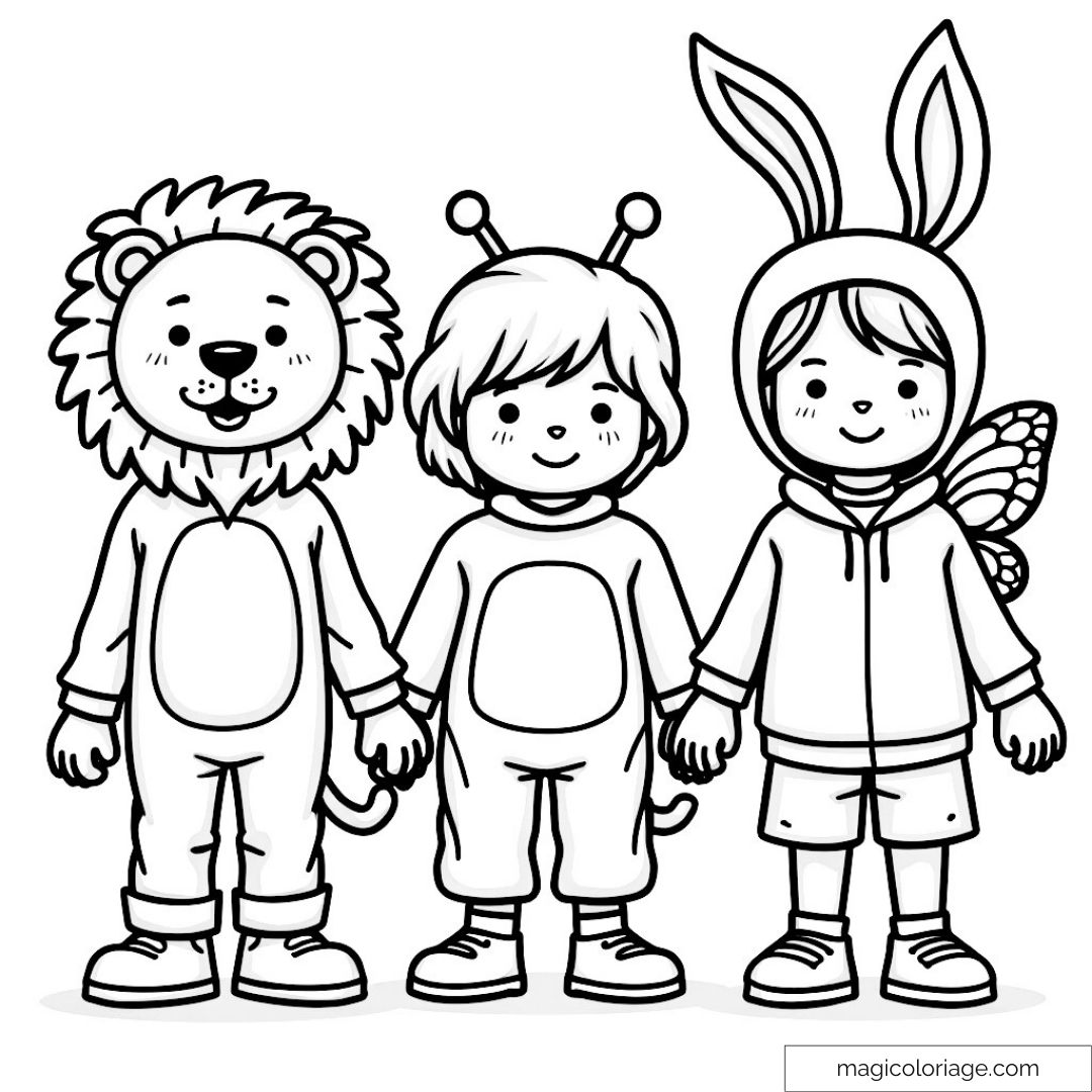 Trois enfants déguisés en lion