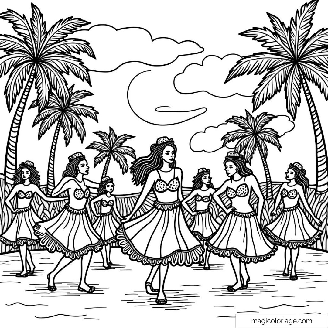 Dessin de danseuses tahitiennes sous des palmiers exotiques.