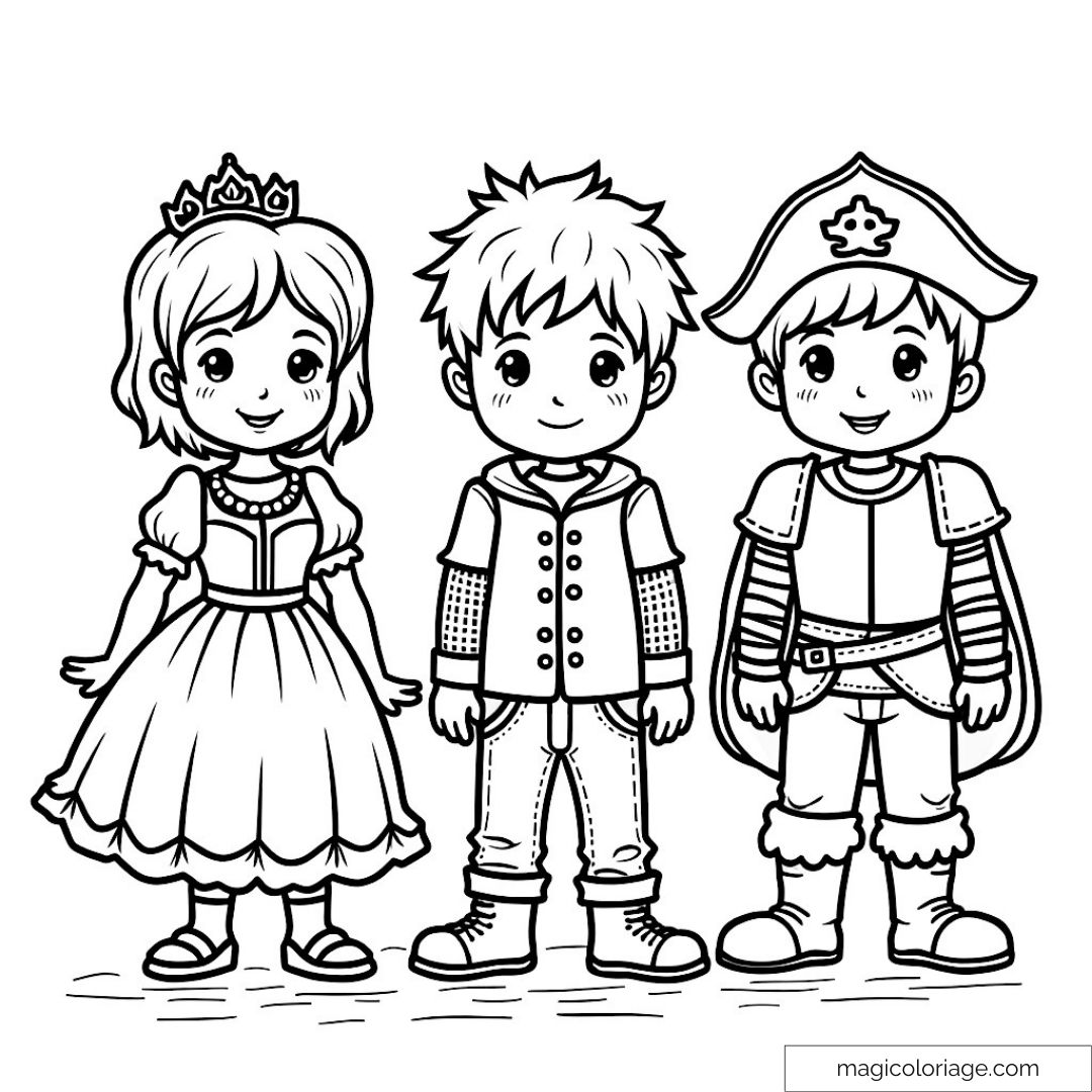 Enfants déguisés en princesse et aventuriers à colorier