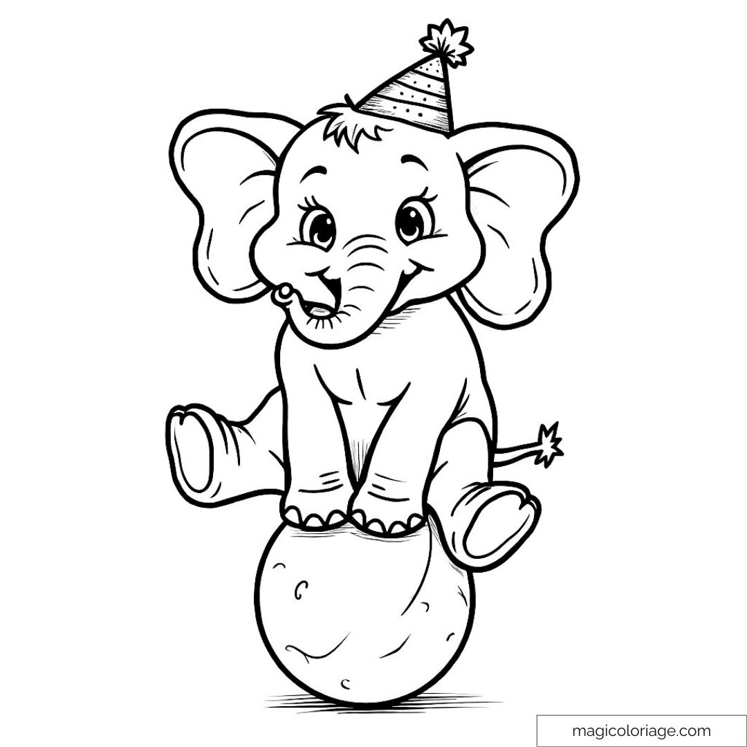 Éléphant souriant avec chapeau d'anniversaire sur une balle de cirque.