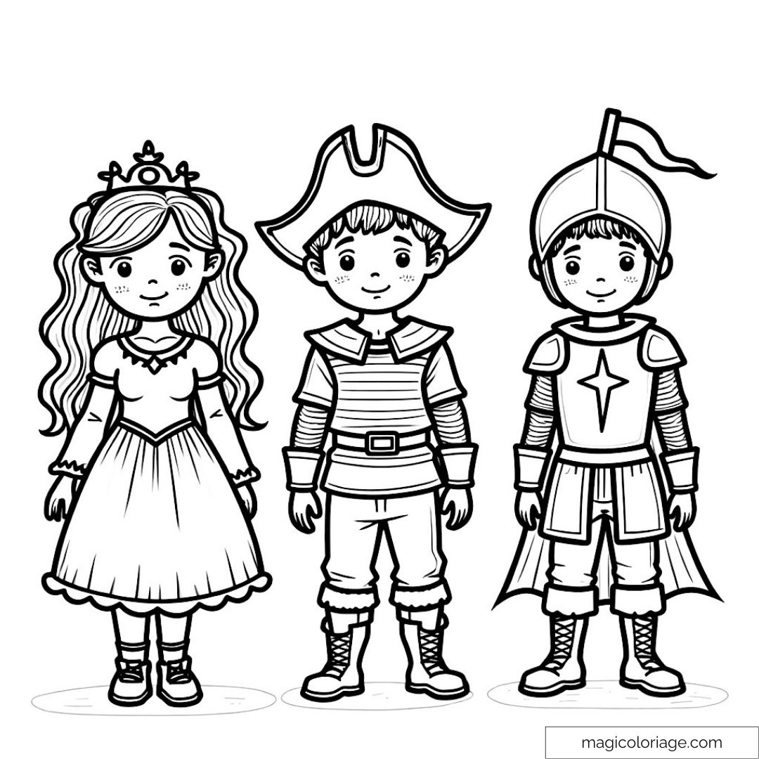 Dessin de princesse et chevaliers à colorier pour enfants.