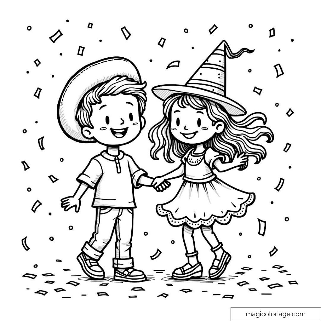 Dessin d'enfants se tenant la main en célébrant avec des confettis.