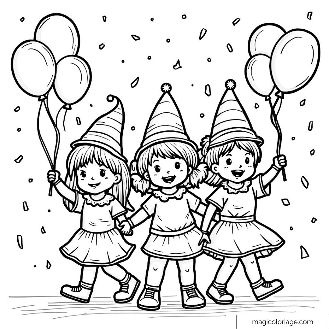 Dessin de trois filles en fête avec chapeaux pointus et ballons.