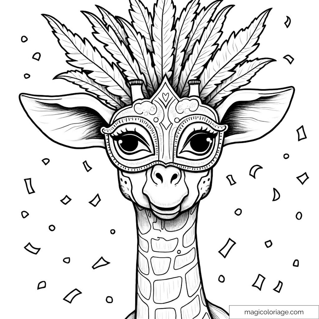 Coloriage girafe masquée avec plumes et confettis pour enfants