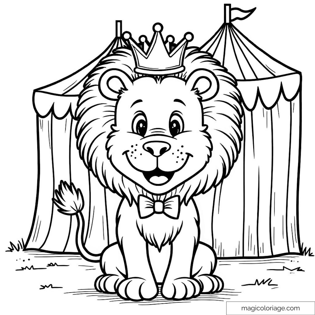 Lion mignon avec couronne devant un chapiteau de cirque