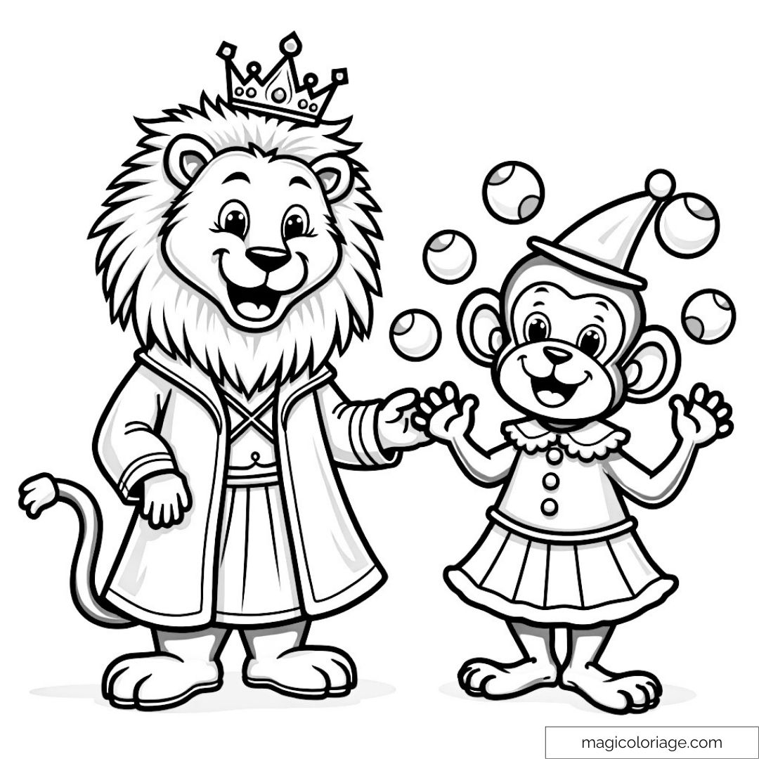 Dessin d'un lion avec une couronne et un singe jongleur