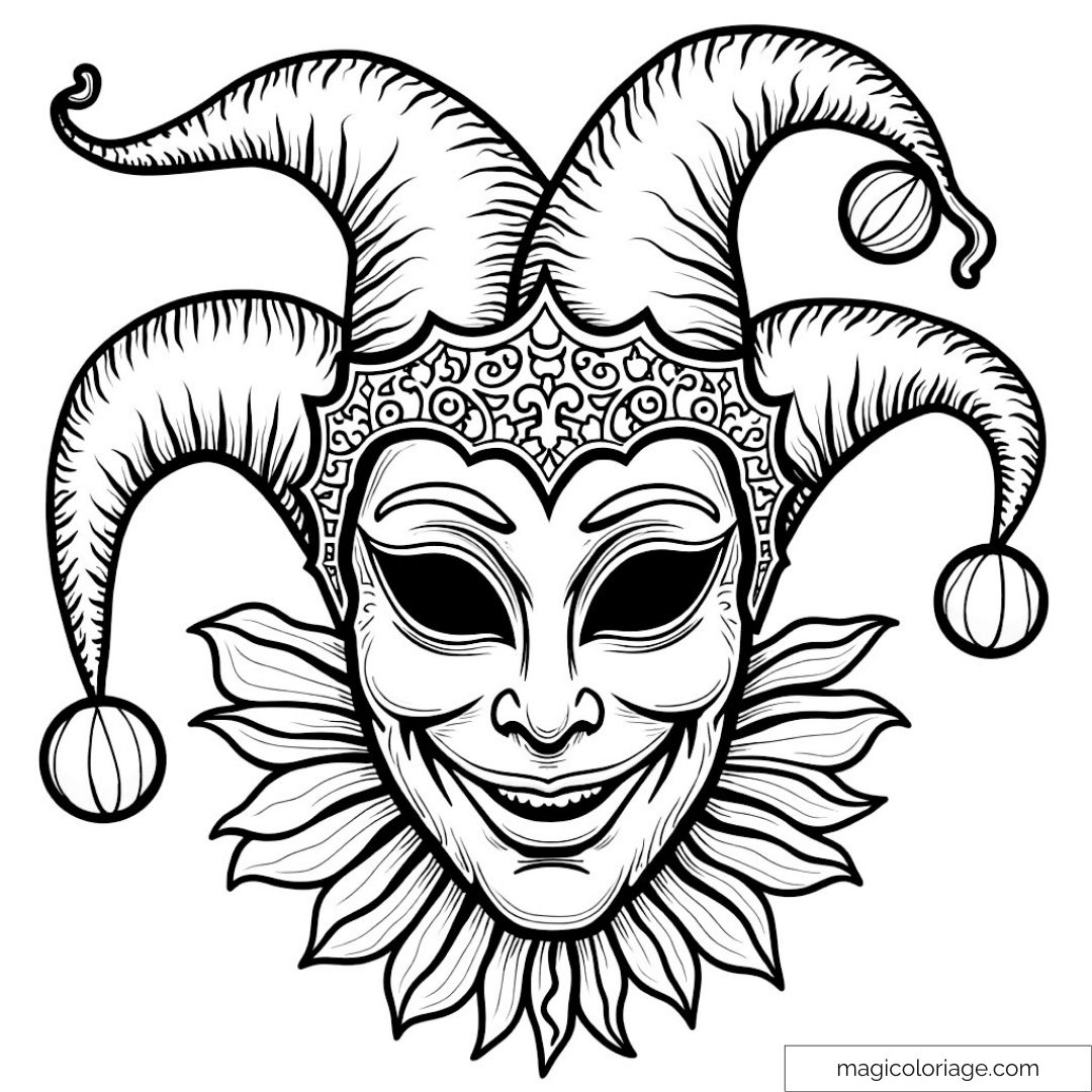 Coloriage masque de bouffon avec détails et arabesques