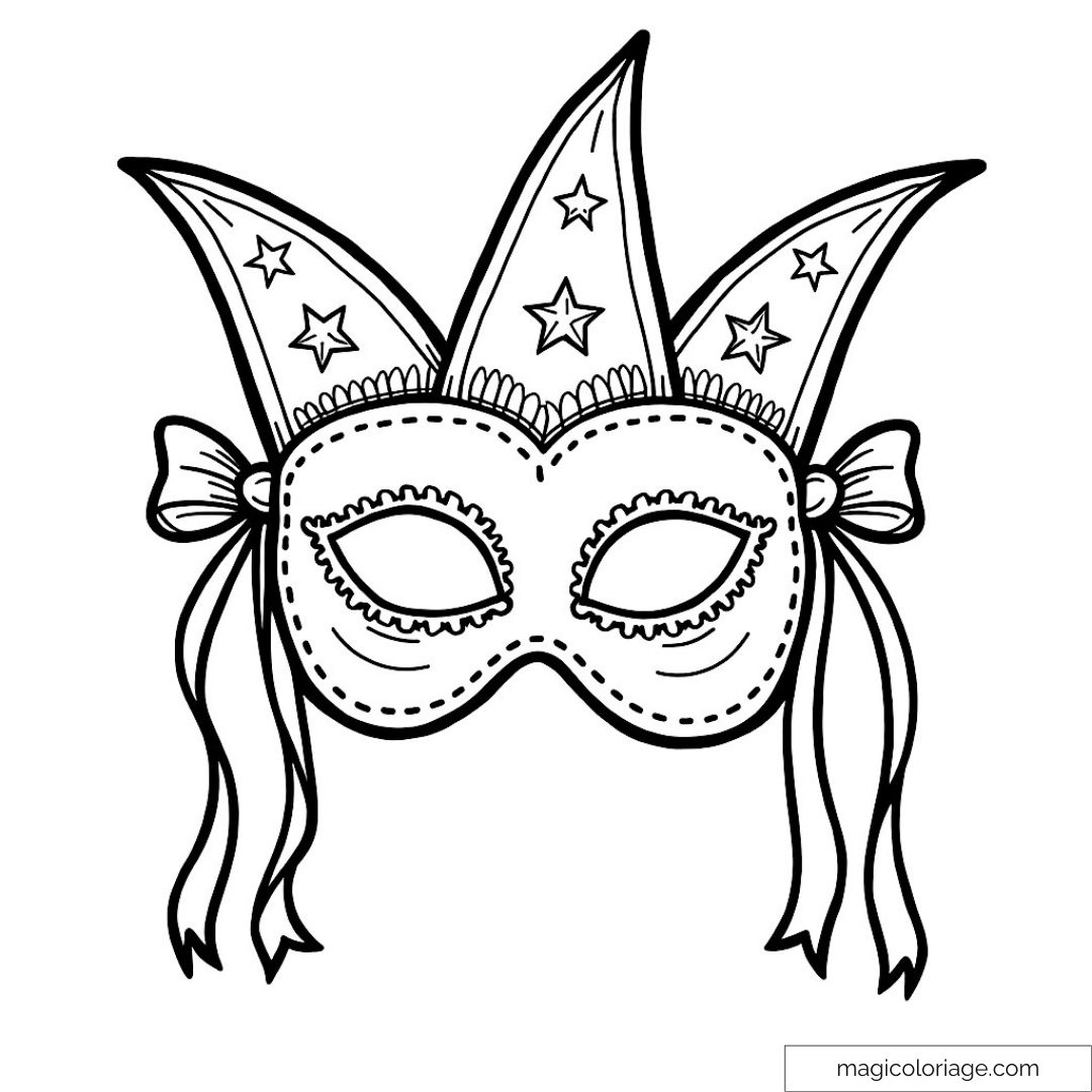Masque de carnaval avec étoiles et rubans à colorier.
