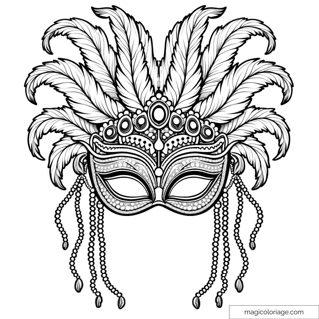 Masque de carnaval avec plumes et perles pour coloriage.