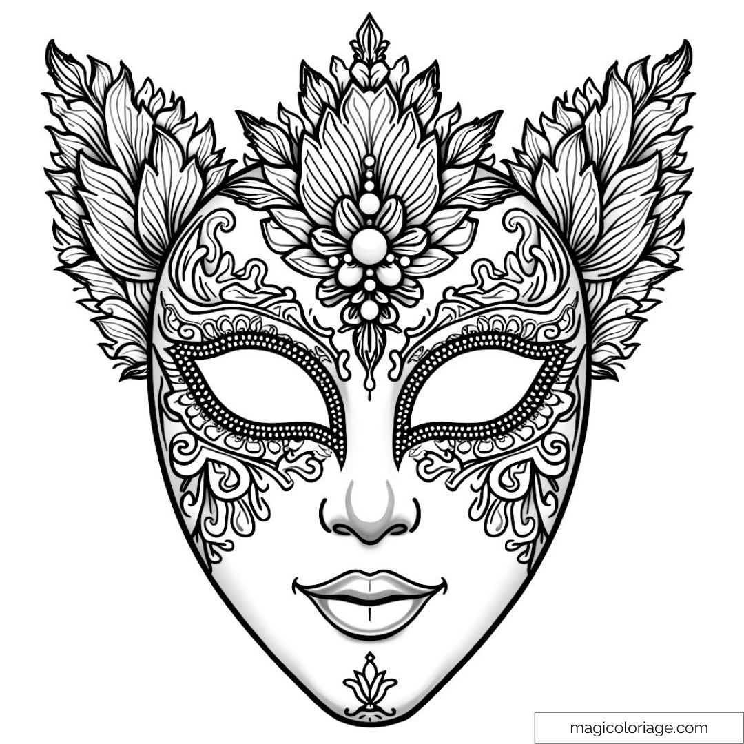 Masque de carnaval floral avec motifs élaborés pour coloriage adulte.
