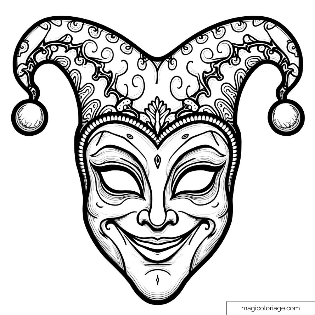 Coloriage masque de Joker détaillé avec ornements complexes.