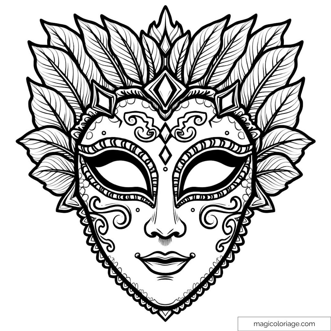 Masque décoratif avec plumes et arabesques à colorier.