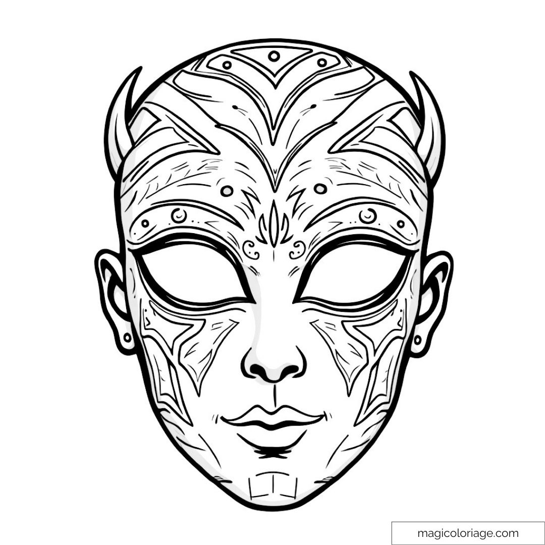 Dessin d'un masque tribal démoniaque avec motifs détaillés à colorier.