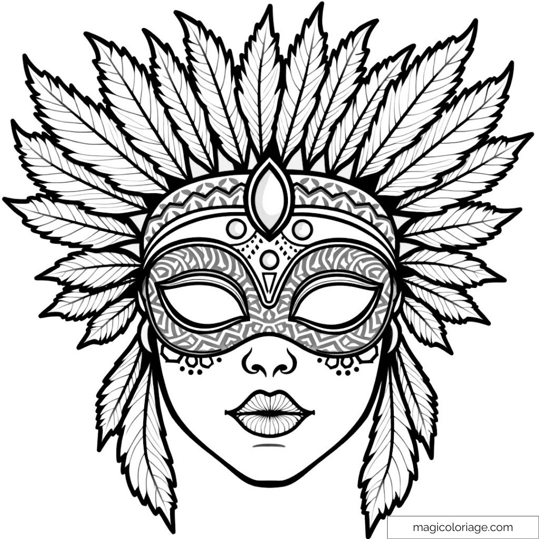 Masque exotique avec plumes et motifs détaillés à colorier.