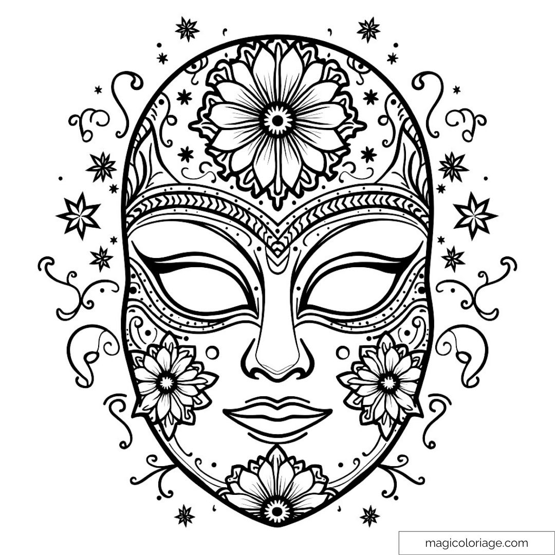 Masque orné de motifs floraux détaillés à colorier