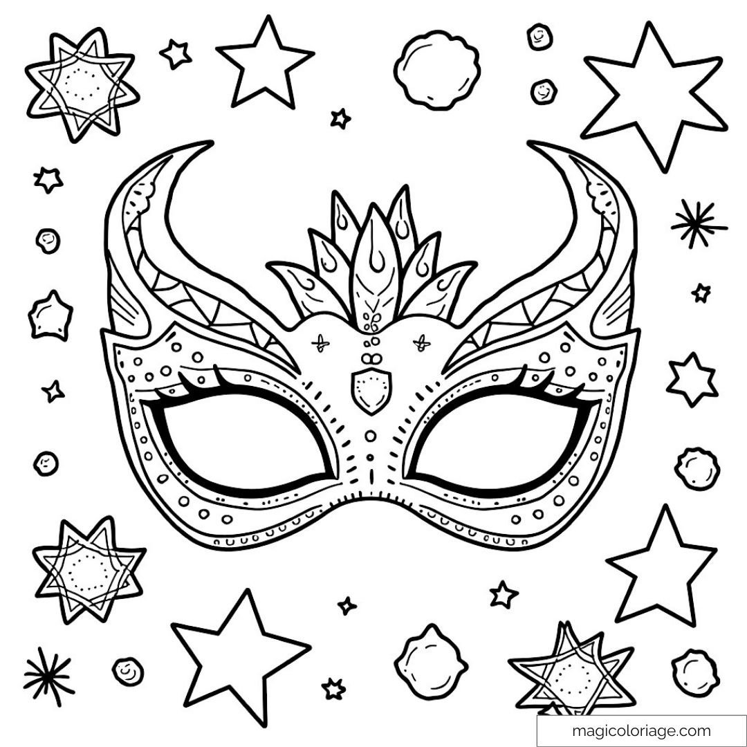 Coloriage de masque de carnaval avec étoiles et formes géométriques