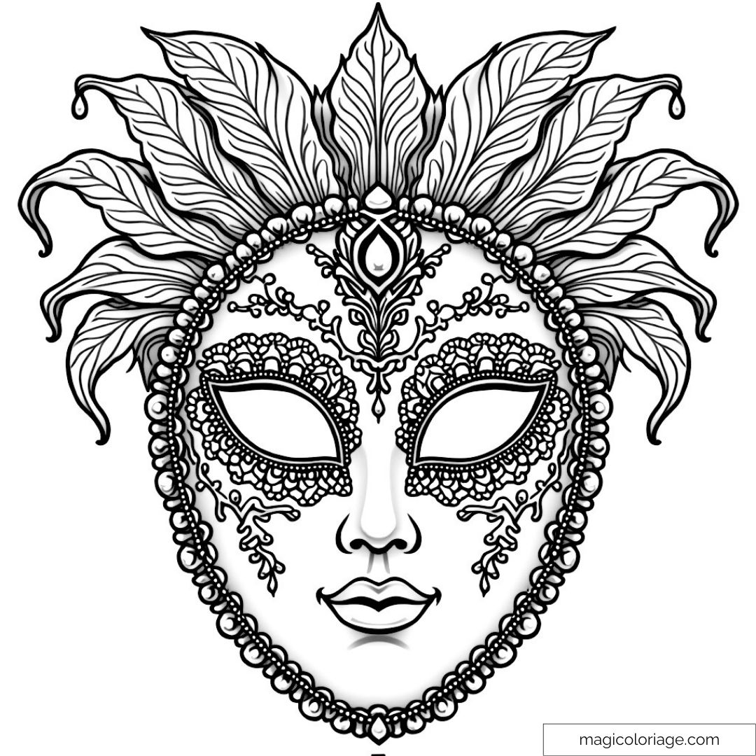 Masque vénitien ornementé avec détails floraux à colorier