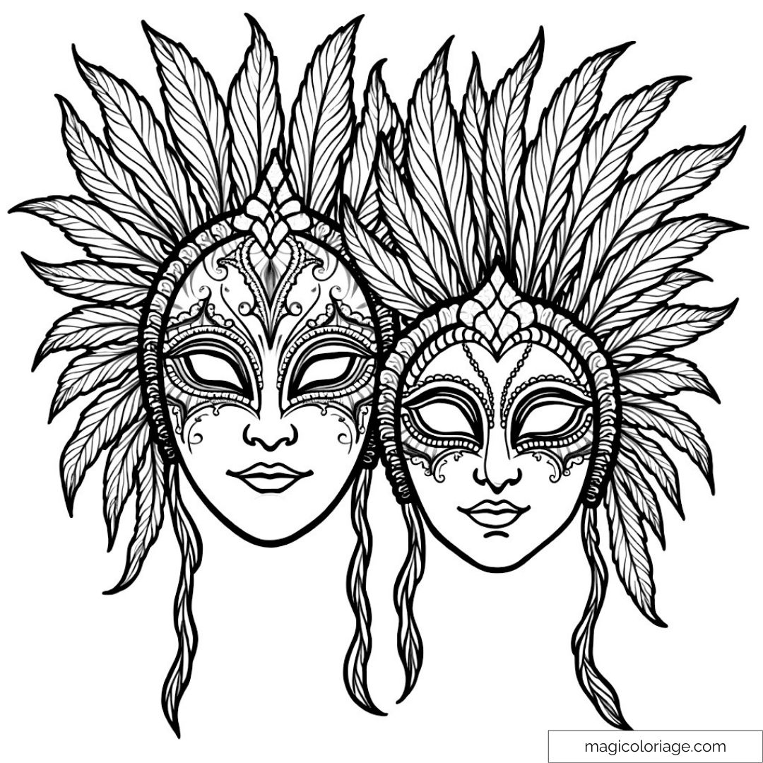 Dessin de masques de carnaval détaillés avec plumes