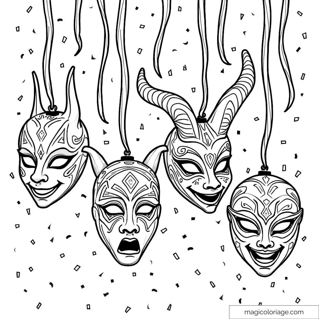 Dessin de masques de Carnaval suspendus avec motifs géométriques