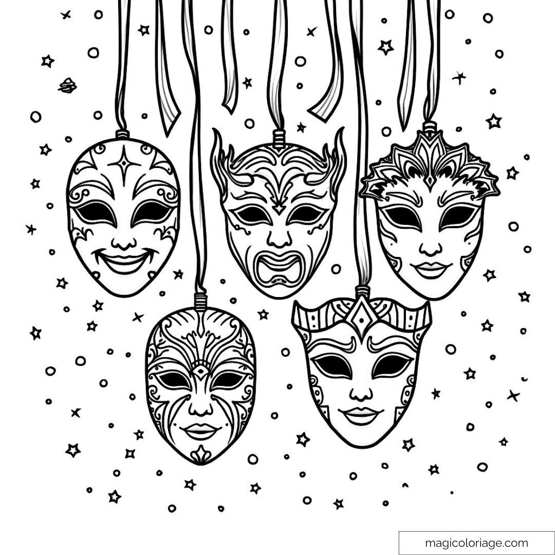 Dessin de masques vénitiens à colorier avec étoiles.
