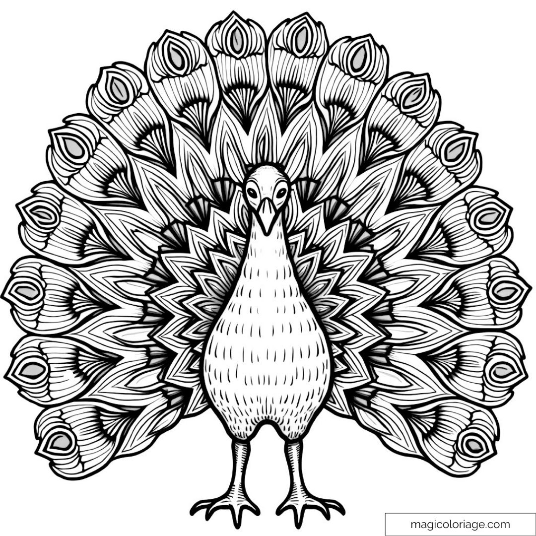 Coloriage paon détaillé avec plumage exceptionnel et motifs complexes.