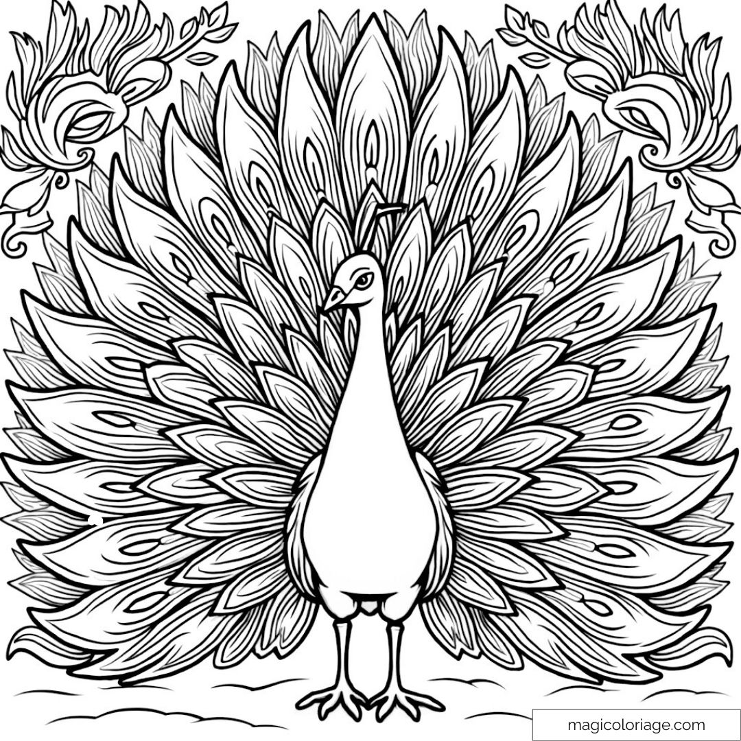 Coloriage paon avec ses plumes déployées