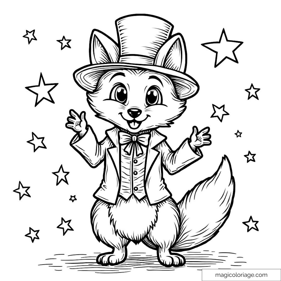 Renard mignon avec chapeau haut-de-forme et costumes étoilés