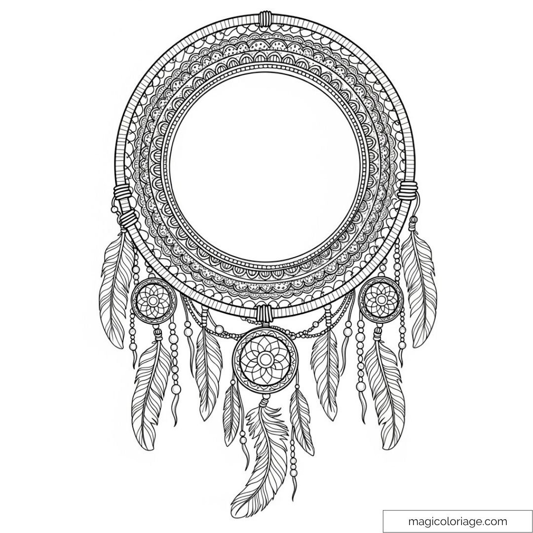 Dessin de mandala attrape-rêves avec plumes détaillées.